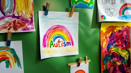 Colorful children's artwork celebrating autism awareness displayed on a green wall with various drawings and messages - Powered by Adobe