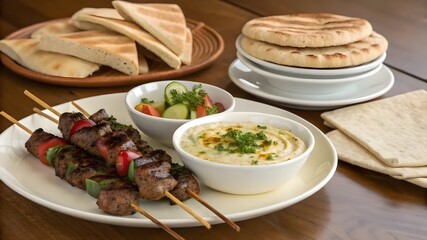 Fototapeta premium A delicious plate featuring skewers of grilled meat alongside warm pita bread, ready to be enjoyed