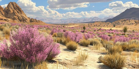 Desert Bloom: Pink Flowers, Mountains, and Dry Grass Landscape
