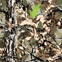 Forest Camouflage with Real Tree Branches and Leaves for Hunting and Military Use. Vector hunting camouflage background. Tree pattern. Jungle texture. Forest seamless pattern
