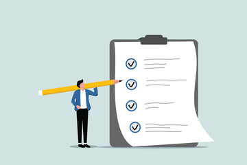 Checklist to complete project task, accomplish work checkmark, to-do list clipboard or project status report, plan to finish work concept, business holding pencil complete task checkbox.