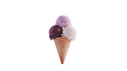PNG. Ice cream in a waffle cup with chocolate.Triple Scoop Ice Cream Cone: Vanilla, Chocolate, Strawberry. Isolate on a white background