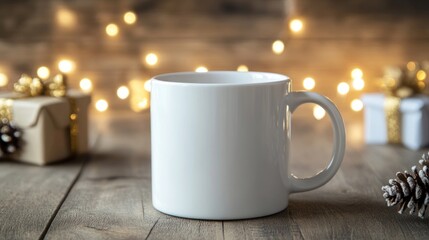 Obraz premium White mug on wooden table with Christmas lights and gifts.