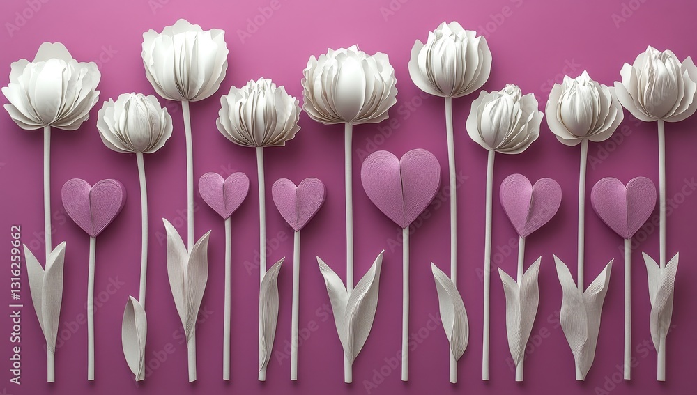Poster the image showcases a top-down view of lovely tulip flowers and paper hearts set against a soft past
