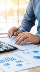 Executive reviewing financial reports with serious demeanor in professional office environment surrounded by important data