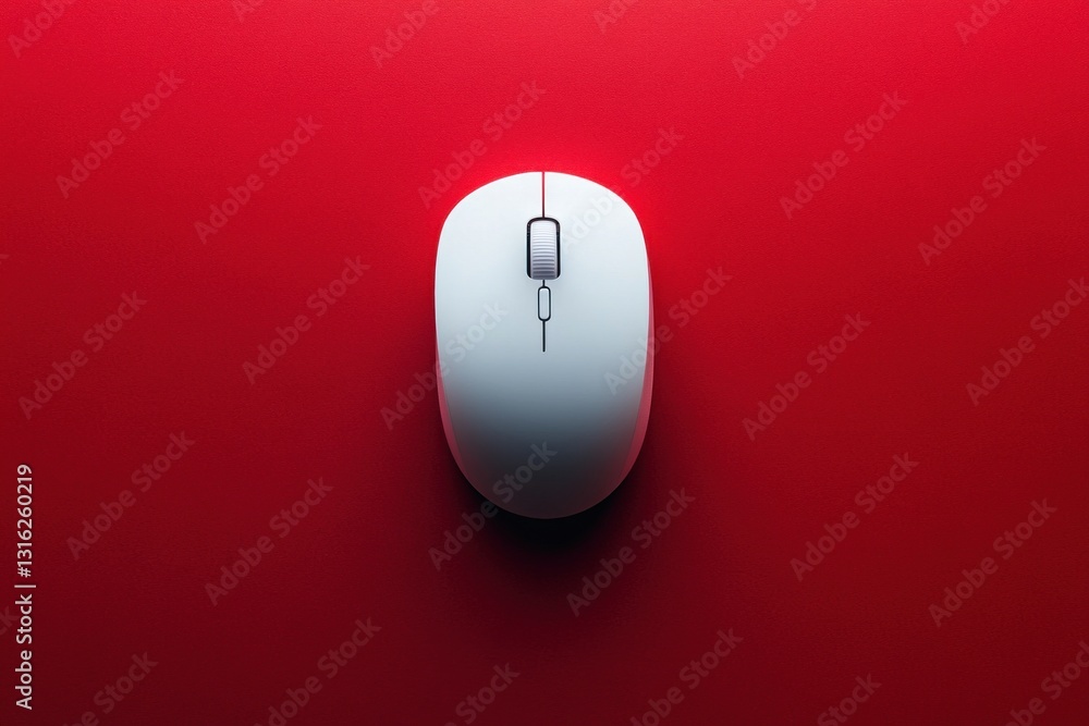 Poster a white computer mouse is centered on a vibrant red background, highlighting its sleek curves and mi
