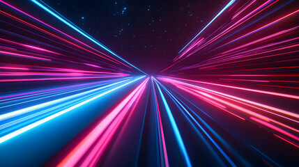 Futuristic cityscape with vibrant streaks of neon light against the night sky backdrop