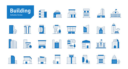 Buildings Blue Line Editable Stroke Icons Set. Real Estate, House, Home, Apartment, Condominium, Hotel, Mall, City, Cityscape, Town, Downtown, Museum. Architecture Buildings Icons Vector Illustration