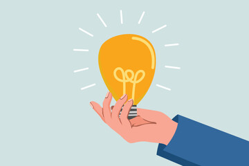 Problem solving or business solutions, answers or ideas to solve difficulties and problems, FAQ concept, businessman's hand answering with a light bulb.