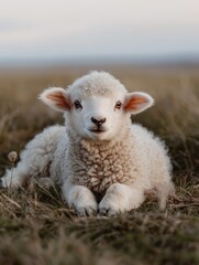 A side view of a little lamb lying on its side in the grass, showing its whole body.