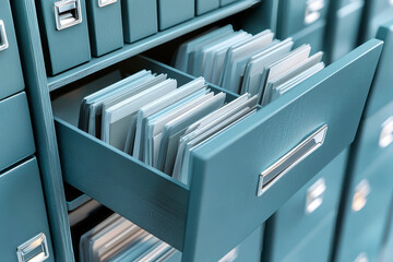 Fototapeta premium Exploring the organized chaos of a modern office with colorful filing cabinets and abundant documents