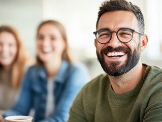 Fototapeta premium Friends joyfully tracking stock market performance together while sharing laughter and investment insights
