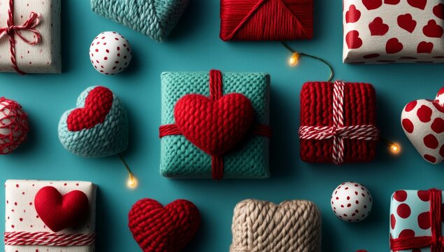 Fototapeta Valentine's Day is represented by a top-down photo of gift boxes wrapped in paper with a heart pattern, surrounded by a garland of light bulbs with love inscriptions and soft pompons, on a pastel