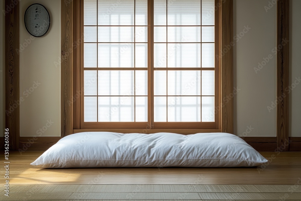Poster a single white throw is elegantly arranged on the floor of a tranquil room, softly illuminated by na