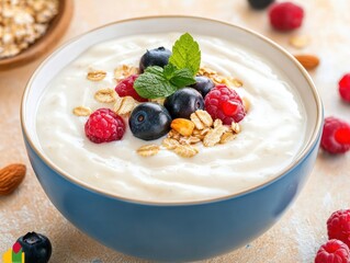 Hearty oatmeal bowl topped with fresh berries and nuts in a cozy kitchen setting perfect for a healthy breakfast