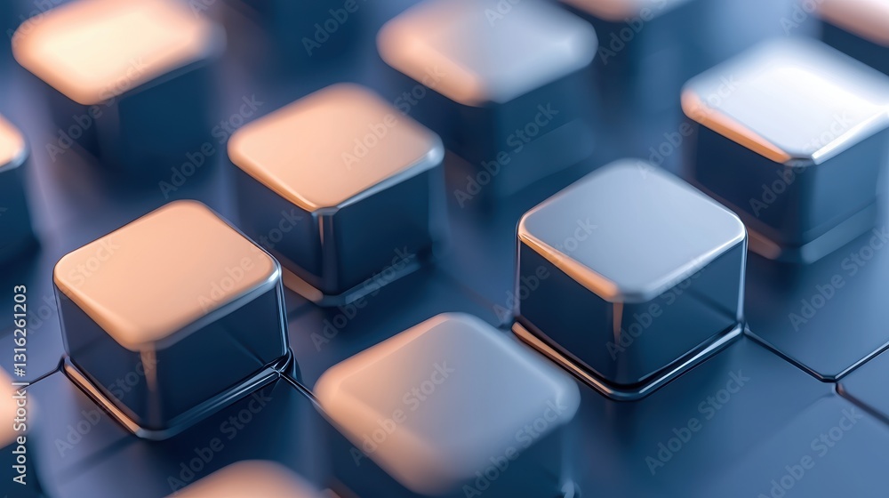 Poster a close-up view of keyboard keys, showcasing their sleek design and reflective surfaces in a modern,