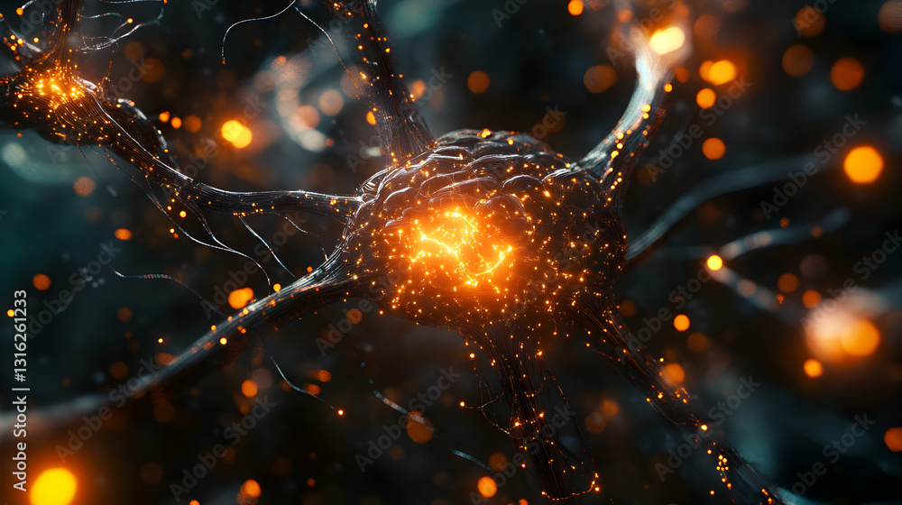 Poster detailed abstract rendering of a neuron with glowing details on a black background