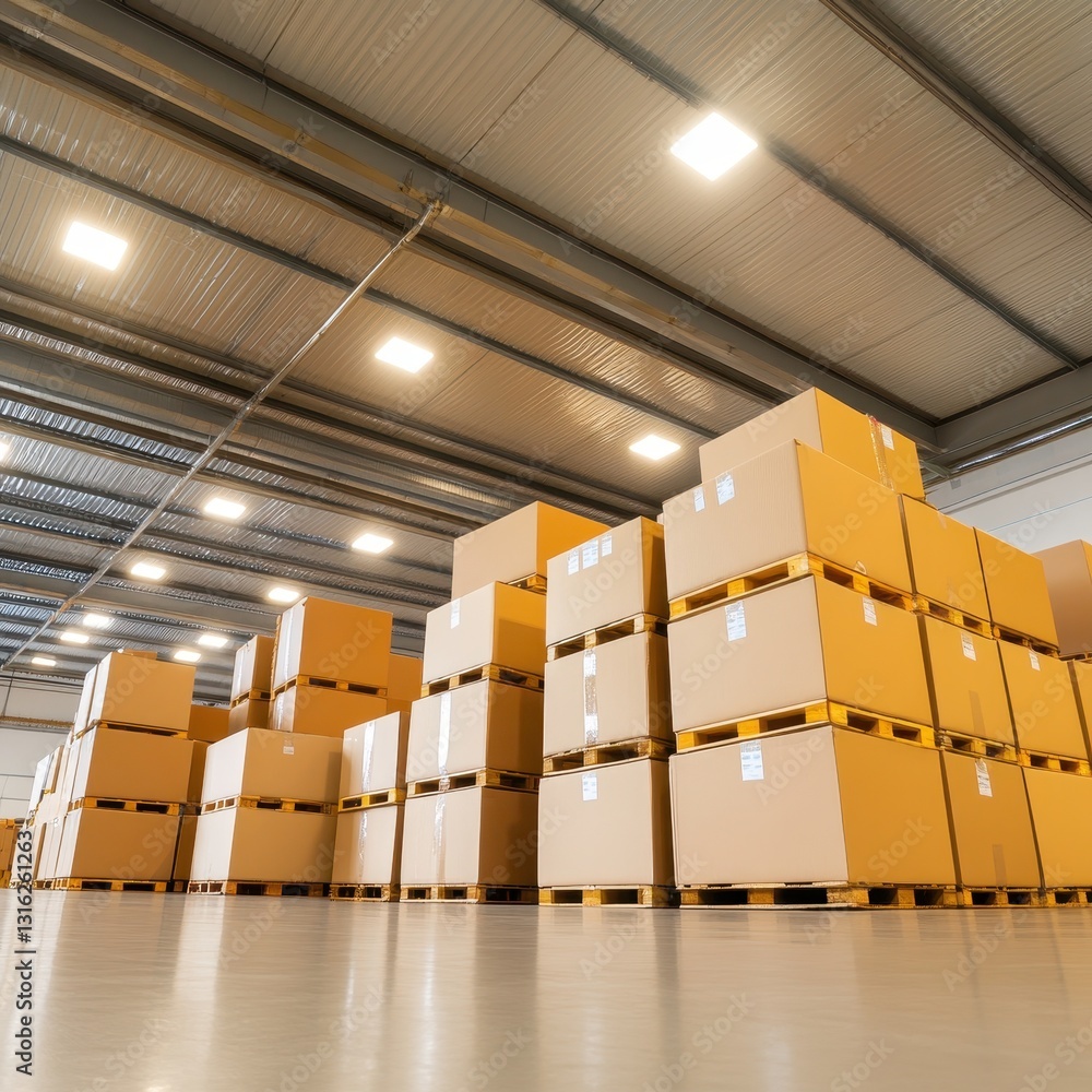 Poster busy import-export warehouse with stacked boxes and workers efficiently managing inventory and logis