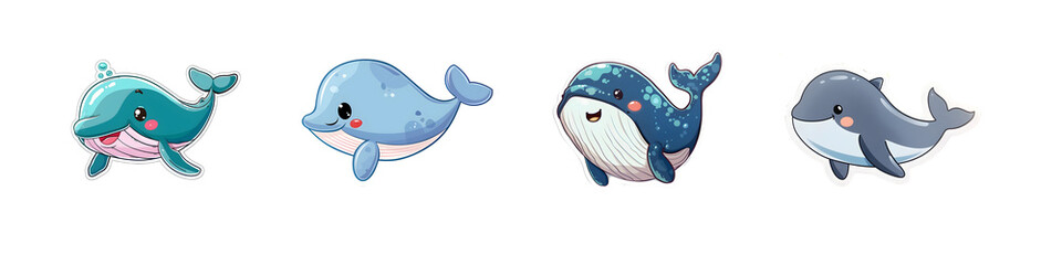 Set of Happy Cartoon Whales in Vibrant Colors