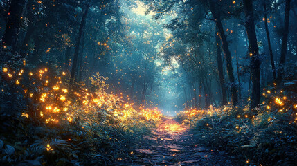 Obraz premium Magical night walk through enchanted forest illuminated by fireflies nature calm atmosphere serene view