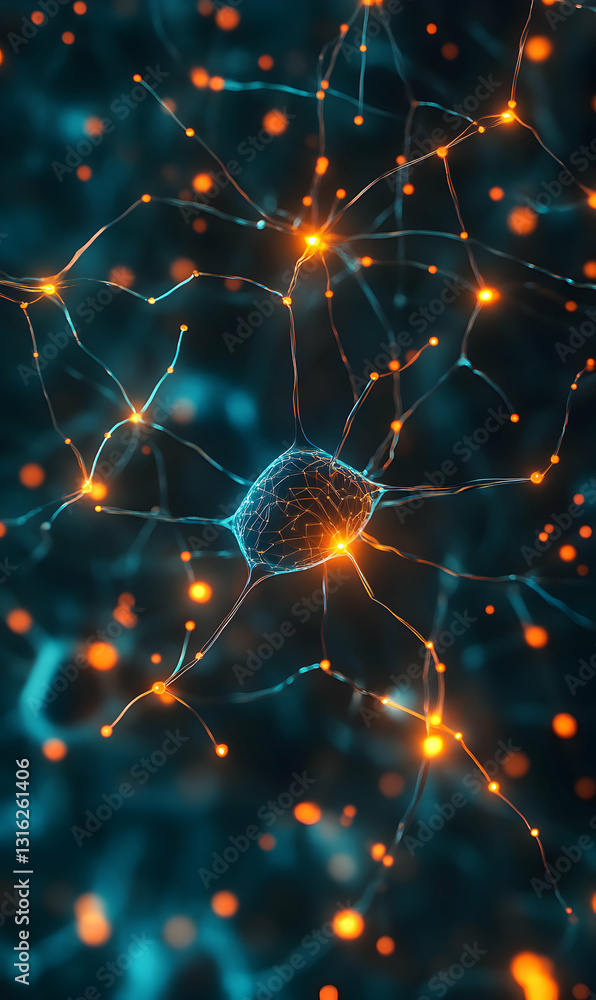 Poster neural network connectivity concept, digital brain with glowing nodes and light trails