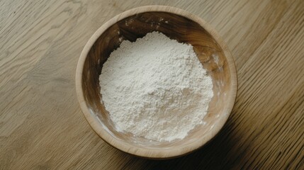 close-up of a wooden kitchen table with flour and utensils.