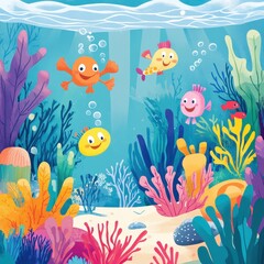 Fototapeta premium Happy cartoon fish swimming in a colorful underwater environment
