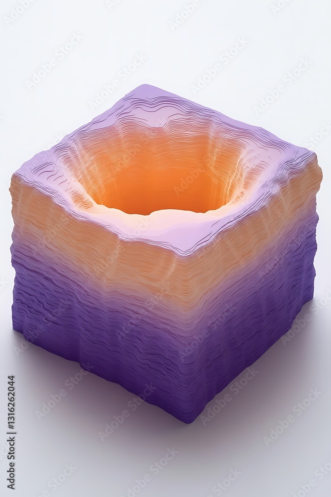 Poster abstract topographical cube with vibrant color gradient layers and a void