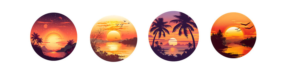 Dreamy Circular Sunset Designs with Oceans and Birds