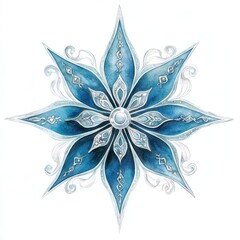 Intricate blue snowflake design with silver accents.