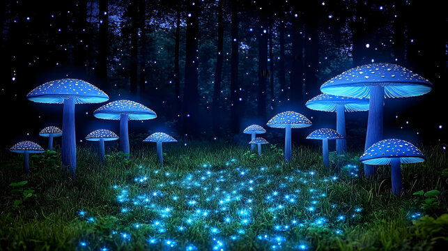 Snowy forest with fly agaric mushrooms and a cozy village at night, agry mushroom, night mushroom