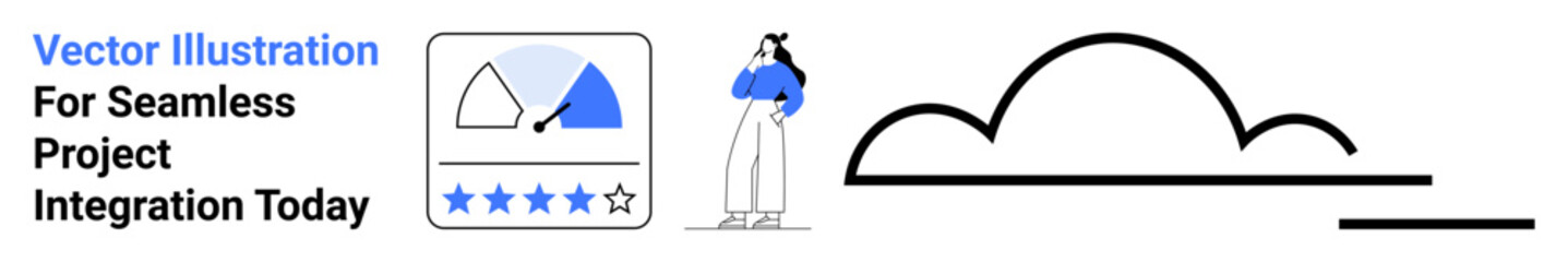 Analytics graph, rating system, person observing, cloud representation. Ideal for project management, team productivity, data analysis, digital tools, business strategy innovation flat landing page