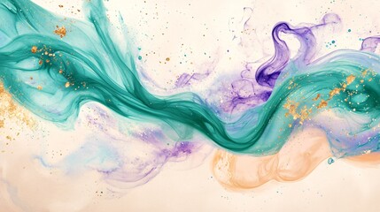 Serene Teal And Lilac Swirls Dancing Across A Canvas, Adorned With Flecks Of Gold, Creating A Dreamy, Ethereal Abstract Art Piece