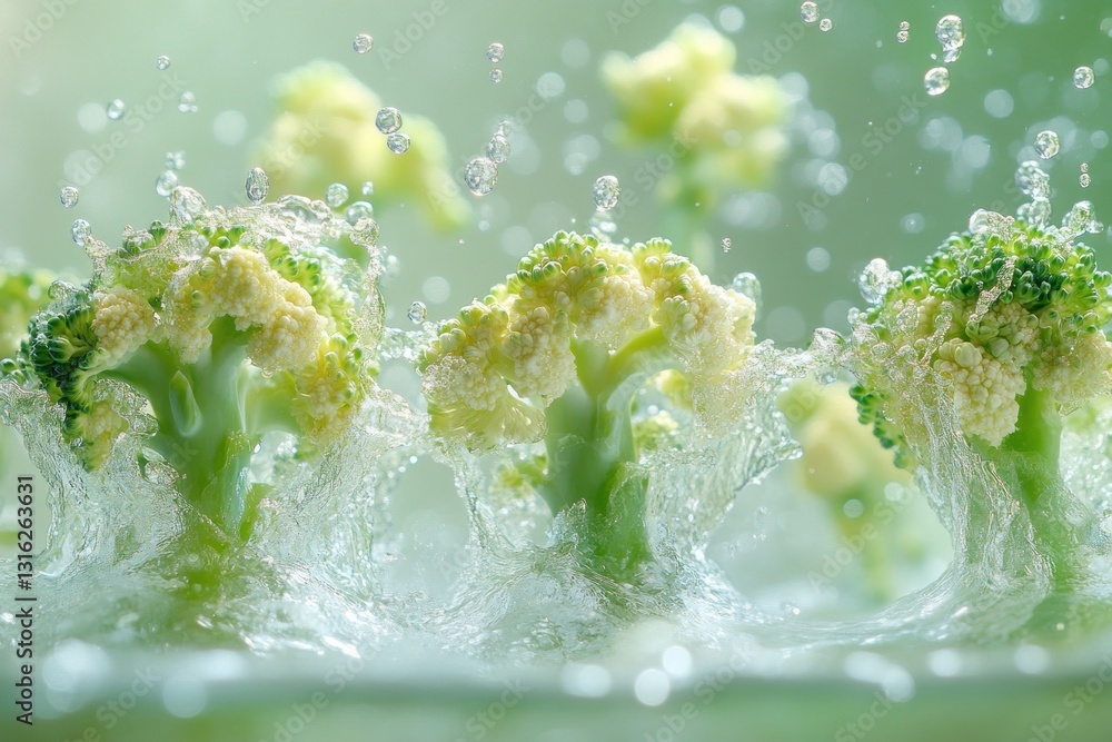 Poster several small broccoli florets fall into water, creating splashes that emphasize their vibrant green