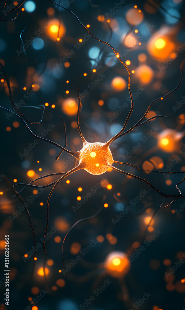 Poster detailed rendering displaying intricate neuron network with glowing synapses, connectivity concept