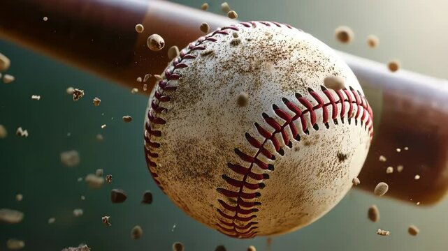 A dramatic slow motion close-up of a baseball as it&rsquo;s struck by a bat, sending dirt flying through the air.