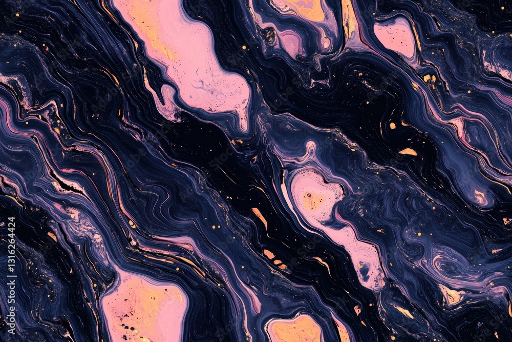 Poster seamless abstract marbled texture featuring swirling patterns in deep navy blue, soft pink, and hint