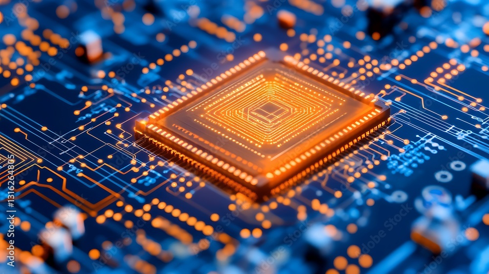 Poster complex computer circuit board with glowing components for connectivity