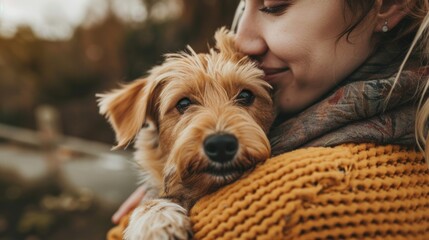 The image features a young dog being cuddled by its owner.