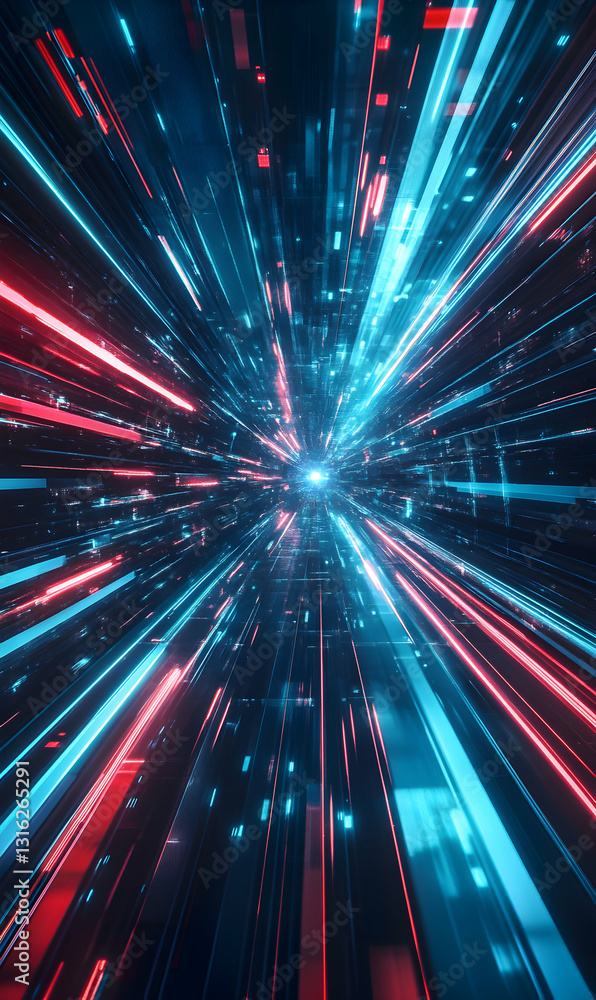 Poster abstract digital tunnel with red and cyan light streams, futuristic and vibrant