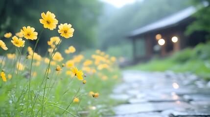 Obraz premium Vibrant yellow flowers blooming by a cozy cabin in a lush green landscape