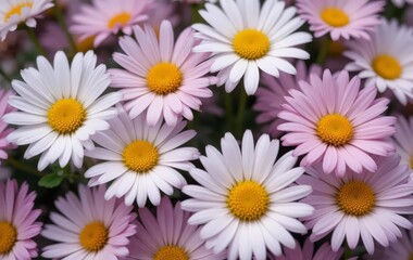 Fototapeta premium A close-up of white and yellow daisies in a field with a blue sky in the background