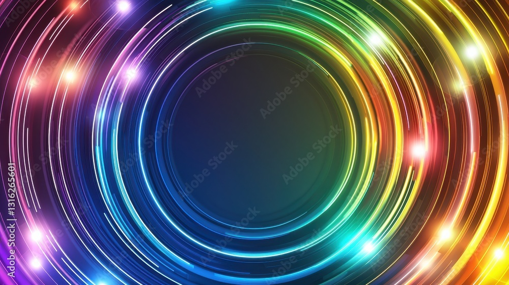 Poster a vibrant, circular design with colorful light streaks radiating outward, creating an energetic and 
