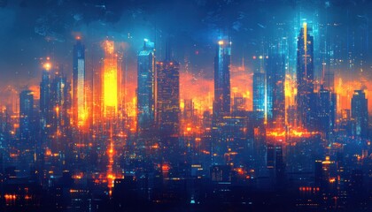 Majestic cityscape with towering skyscrapers glowing in orange and blue hues, creating a lively atmosphere under a starry night sky