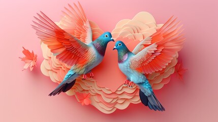 Obraz premium Colorful illustration of two lovebird pigeons flying inside a heart shaped cloud on a pink background with clean lines
