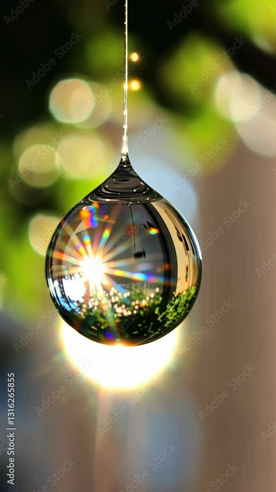 Poster raindrop on a string reflects sunlight and greenery in a beautiful garden setting during golden hour