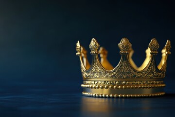Fototapeta premium A golden crown is prominently placed against a dark blue background, highlighting its elaborate design elements and regal appearance