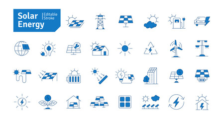 Solar Energy Blue Icons Set. Solar Panel, Green Energy, Sun Energy, Solar Battery, Energy Saving, Solar House, Ecology, Electricity, Renewable Energies Editable Stroke Vector Illustration