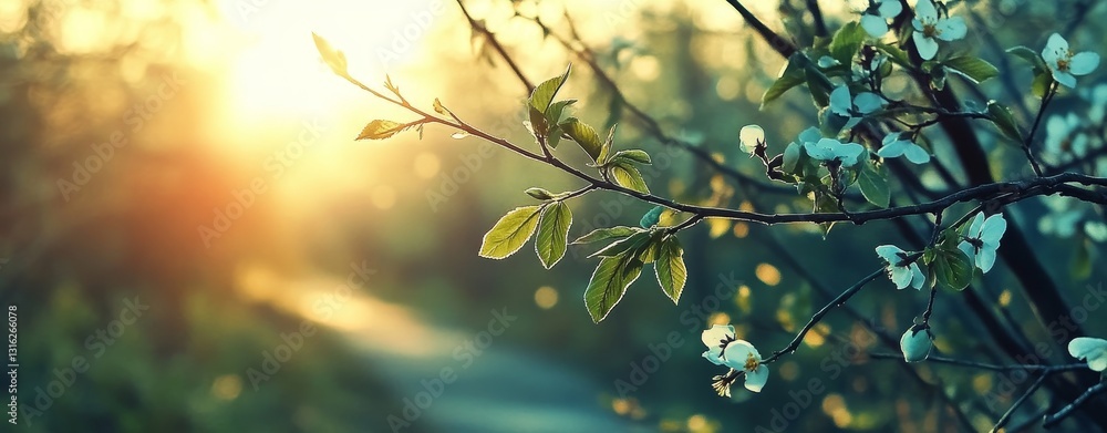 Poster an abstract banner with green blurred bokeh lights serves as a spring background
