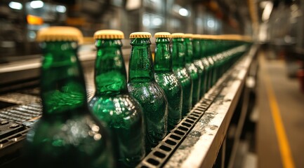 Green glass beer bottles are lined up on the production line, preparing for filling and labeling inside a bustling manufacturing facility